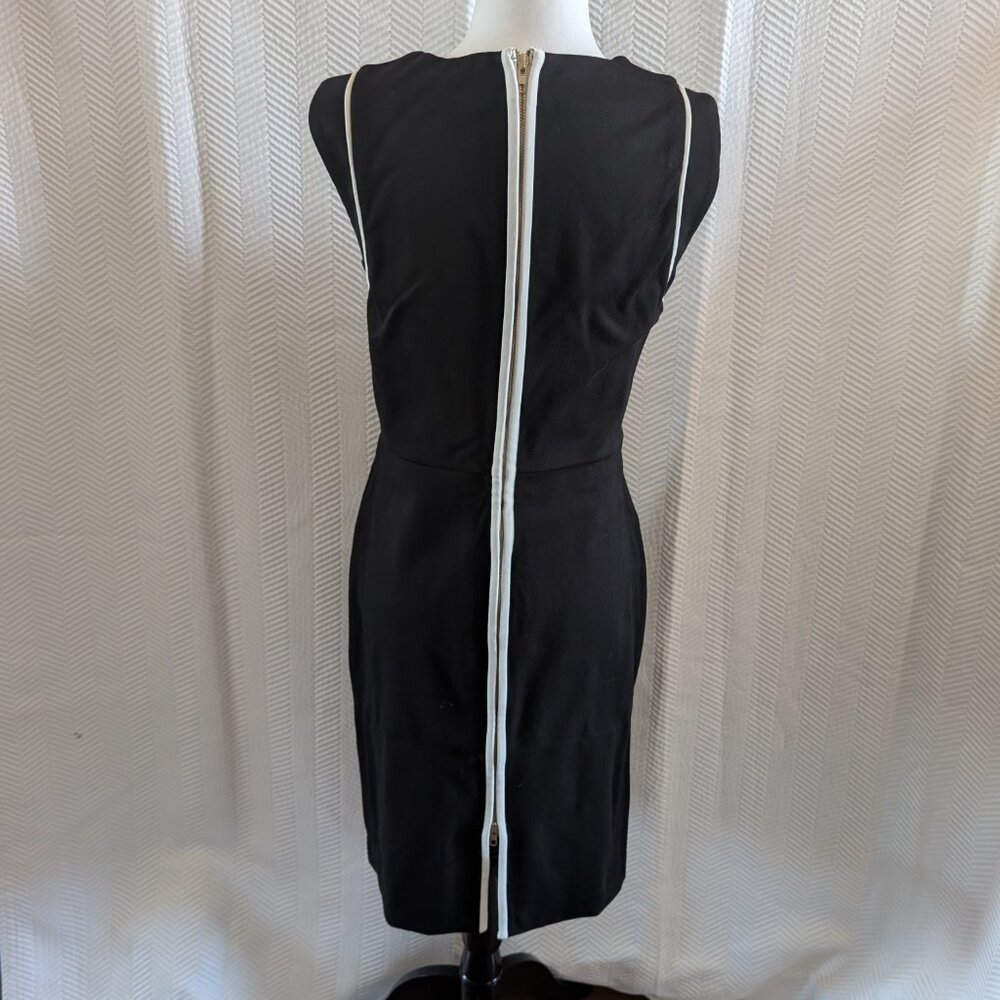 LUNA Black Sheath Dress White Trim Gold Zip Back Size Large Minimalist Office
